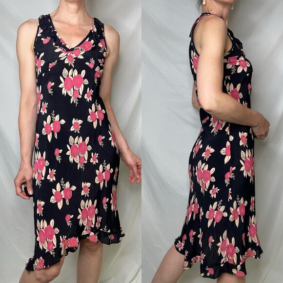 Vintage Y2K abstract rose floral print bias cut ruffle dress black pink Angie S - Picture 11 of 16